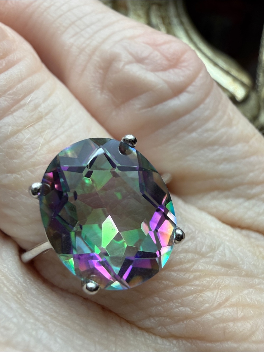 3 CT Mystic Topaz Oval Halo Ring — Iridescent Green-Purple 925 Sterling Silver